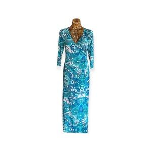 Prelude maxi dress blue white slit small long sleeve